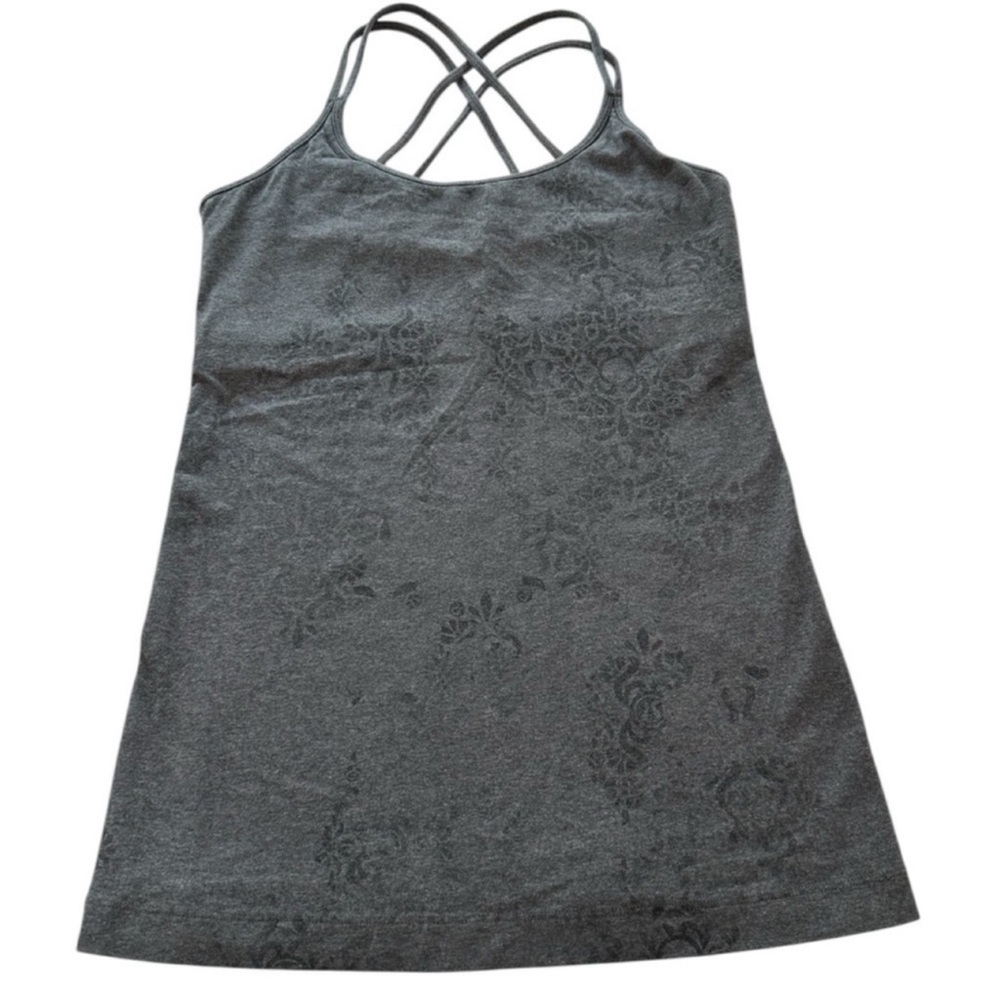Lululemon Tank Top Logo Print Gray Cris Cross Straps Women’s Size 4
